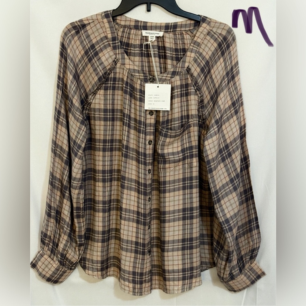 beachlunchlounge Tan and Black Plaid Blouse